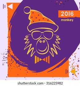 Hipster christmas red fire monkey. Hand drawn happy new year illustration chinese zodiac 2016. Vector card for the good winter mood. Young prankster party. 