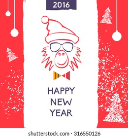 Hipster christmas red fire monkey. Hand drawn happy new year illustration chinese zodiac 2016. Vector card for the good winter mood. Young prankster party. 