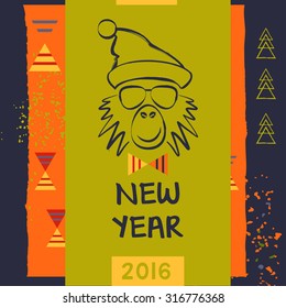 Hipster christmas red fire monkey. Hand drawn happy new year illustration chinese zodiac 2016. Vector card for the good winter mood. Young prankster party. 