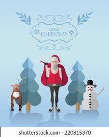 Hipster christmas vector with illustrations and message on blue background
