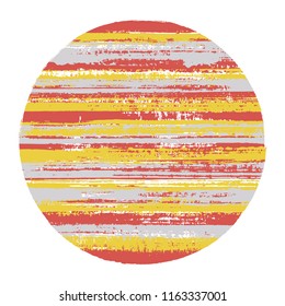 Hipster circle vector geometric shape with striped texture of paint horizontal lines. Disc banner with old paint texture. Label round shape circle logo element with grunge background of stripes.