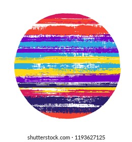 Hipster circle vector geometric shape with stripes texture of paint horizontal lines. Disk banner with old paint texture. Badge round shape logotype circle with grunge stripes background.