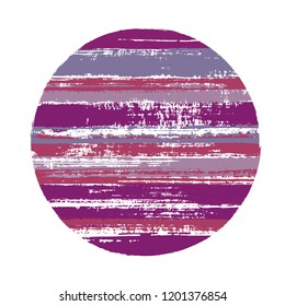 Hipster circle vector geometric shape with stripes texture of ink horizontal lines. Old paint texture disc. Stamp round shape logotype circle with grunge stripes background.
