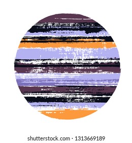 Hipster circle vector geometric shape with stripes texture of ink horizontal lines. Disc banner with old paint texture. Badge round shape logotype circle with grunge stripes background.