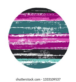 Hipster circle vector geometric shape with stripes texture of paint horizontal lines. Disk banner with old paint texture. Emblem round shape circle logo element with grunge stripes background.