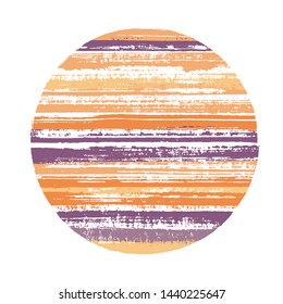 Hipster circle vector geometric shape with striped texture of paint horizontal lines. Old paint texture disk. Badge round shape circle logo element with grunge background of stripes.