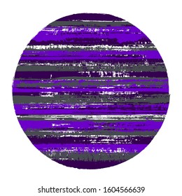 Hipster circle vector geometric shape with striped texture of ink horizontal lines. Disk banner with old paint texture. Badge round shape logotype circle with grunge background of stripes.