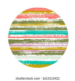 Hipster circle vector geometric shape with striped texture of paint horizontal lines. Planet concept with old paint texture. Label round shape logotype circle with grunge background of stripes.