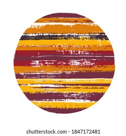 Hipster circle vector geometric shape with stripes texture of paint horizontal lines. Old paint texture disk. Label round shape logotype circle with grunge stripes background.