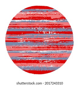 Hipster circle vector geometric shape with striped texture of ink horizontal lines. Disk banner with old paint texture. Stamp round shape circle logo element with grunge background of stripes.