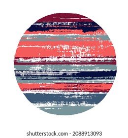 Hipster circle vector geometric shape with stripes texture of paint horizontal lines. Planet concept with old paint texture. Label round shape circle logo element with grunge stripes background.