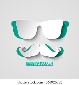 Hipster classic elements with paper mustache and glasses on gray background isolated vector illustration