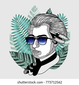 Hipster classical portrait of composer and musician with glasses. Summer style - palm leaf. T-Shirt Design & Printing, clothes, beachwear. Vector illustration hand drawn. Wolfgang Amadeus Mozart