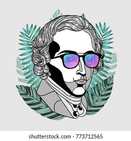 Hipster classical portrait of composer and musician with glasses. Summer style - palm leaf. T-Shirt Design & Printing, clothes, beachwear. Vector illustration hand drawn.  Frederic Francois Chopin