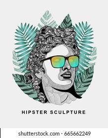 Hipster classical Sculpture. Apollo with glasses. Summer style - palm leaf. T-Shirt Design & Printing, clothes, beachwear. Vector illustration hand drawn.
