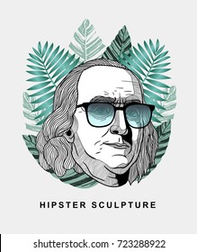 Hipster classical Sculpture. Benjamin Franklin with glasses. Summer style - palm leaf. T-Shirt Design & Printing, clothes, beachwear. Vector illustration hand drawn.