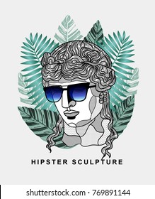 Hipster classical Sculpture. Dionysus with glasses. Summer style - palm leaf. T-Shirt Design & Printing, clothes, beachwear. Vector illustration hand drawn.