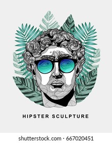 Hipster classical Sculpture glasses. Summer style - palm leaf. T-Shirt Design & Printing, clothes, beachwear. Vector illustration hand drawn.