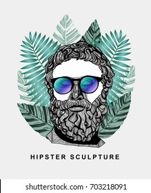 Escultura clássica hipster. Filósofo com óculos. Estilo de verão - folha de palmeira. T-Shirt Design e impressão, roupas, roupas de praia. Ilustração vetorial desenhada à mão.