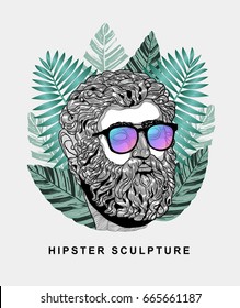 Hipster classical Sculpture. Poseidon with glasses. Summer style - palm leaf. T-Shirt Design & Printing, clothes, beachwear. Vector illustration hand drawn.
