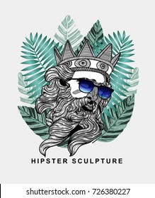 Hipster classical Sculpture. Poseidon with glasses. Summer style - palm leaf. T-Shirt Design & Printing, clothes, beachwear. Vector illustration hand drawn.