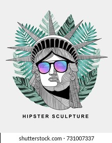 Hipster classical Sculpture. The Statue of Liberty with glasses. Summer style - palm leaf. T-Shirt Design & Printing, clothes, beachwear. Vector illustration hand drawn.