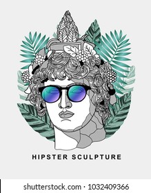 Hipster classical Sculpture. Summer style - palm leaf. T-Shirt Design & Printing, clothes, beachwear. Vector illustration hand drawn. Dionysus or Bacchus.