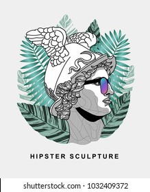 Hipster classical Sculpture. Summer style - palm leaf. T-Shirt Design & Printing, clothes, beachwear. Vector illustration hand drawn. Hermes / Mercury