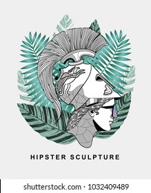 Hipster classical Sculpture. Summer style - palm leaf. T-Shirt Design & Printing, clothes, beachwear. Vector illustration hand drawn. Athena the ancient Greek goddess of wisdom.