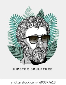 Hipster classical Sculpture. Summer style - palm leaf. T-Shirt Design & Printing, clothes, beachwear. Vector illustration hand drawn.