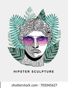 Escultura clássica hipster. Vênus (APRODITE) com óculos. Estilo de verão - folha de palmeira. T-Shirt Design e impressão, roupas, roupas de praia. Ilustração vetorial desenhada à mão.