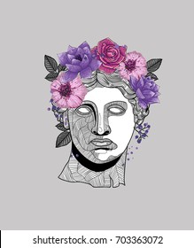 Hipster classical Sculpture. Venus (APHRODITE) with flowers. T-Shirt Design & Printing, clothes, beachwear. Vector illustration hand drawn.