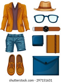 Hipster clothes and objects yellow and blue set