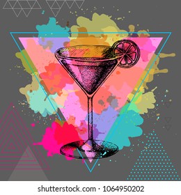 Hipster cocktail cosmopolitan illustration on artistic polygon watercolor background