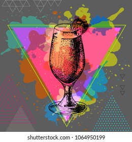 Hipster cocktail daiquiri illustration on artistic polygon watercolor background