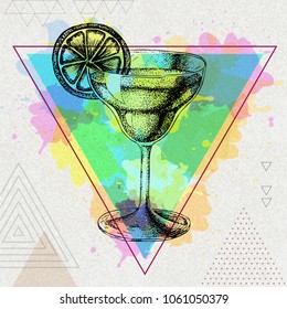 Hipster cocktail margarita illustration on artistic polygon watercolor background