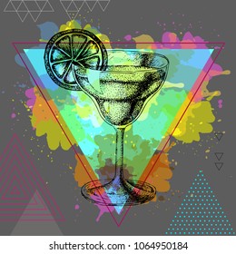 Hipster cocktail margarita illustration on artistic polygon watercolor background