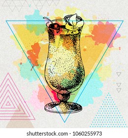 Hipster cocktail pina colada illustration on artistic polygon watercolor background