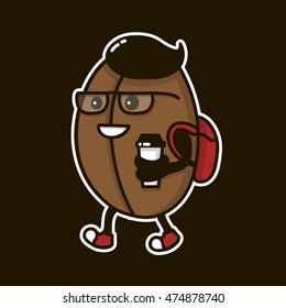 hipster coffee bean character with coffee paper cup walking. logo template design, badge for coffee street shop