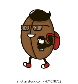 hipster coffee bean character with coffee paper cup walking. logo template design, badge for coffee street shop