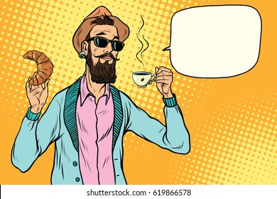 Hipster with coffee and croissant. Pop art retro vector illustration