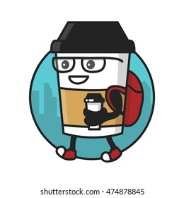 hipster coffee cup character with coffee paper cup walking. logo template design, badge for coffee street shop