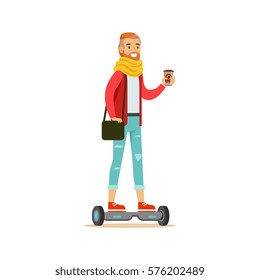 Hipster With Coffee Paper Cup Riding Electric Self-Balancing Battery Powered Personal Electric Scooter Cartoon Character