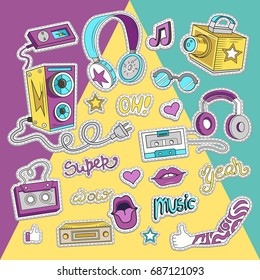 Hipster collage in cartoon style. Templates elements of text, headphone, music and style. Vector illustration.