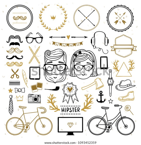 Hipster collection illustrations set. Hand drawn
hipster lifestyle objects and symbols. Vintage sketch doodles and
decoration graphics