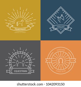 Hipster Collection Of Logotypes With Different Horse And Equine Industry Symbols. Labels For Horseriding School Or Equestrian Supplies Shop. Vector Line Art.
