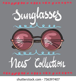 Hipster color  sunglasses with design elements and lettering