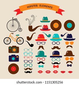 Hipster Colorful Retro Vintage Vector Icon Set. Illustrations of hats, glasses, lips and moustaches.