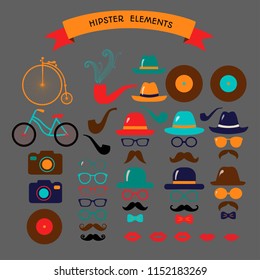 Hipster Colorful Retro Vintage Vector Icon Set. Illustrations of hats, glasses, lips and moustaches.