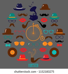 Hipster Colorful Retro Vintage Vector Icon Set. Illustrations of hats, glasses, lips and moustaches.